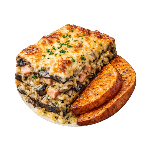 Pastel de berenjena con camotes al horno
