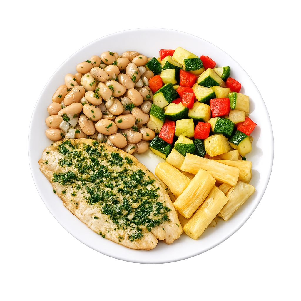 Pescado a las finas hierbas con guiso de frejol y vegetales