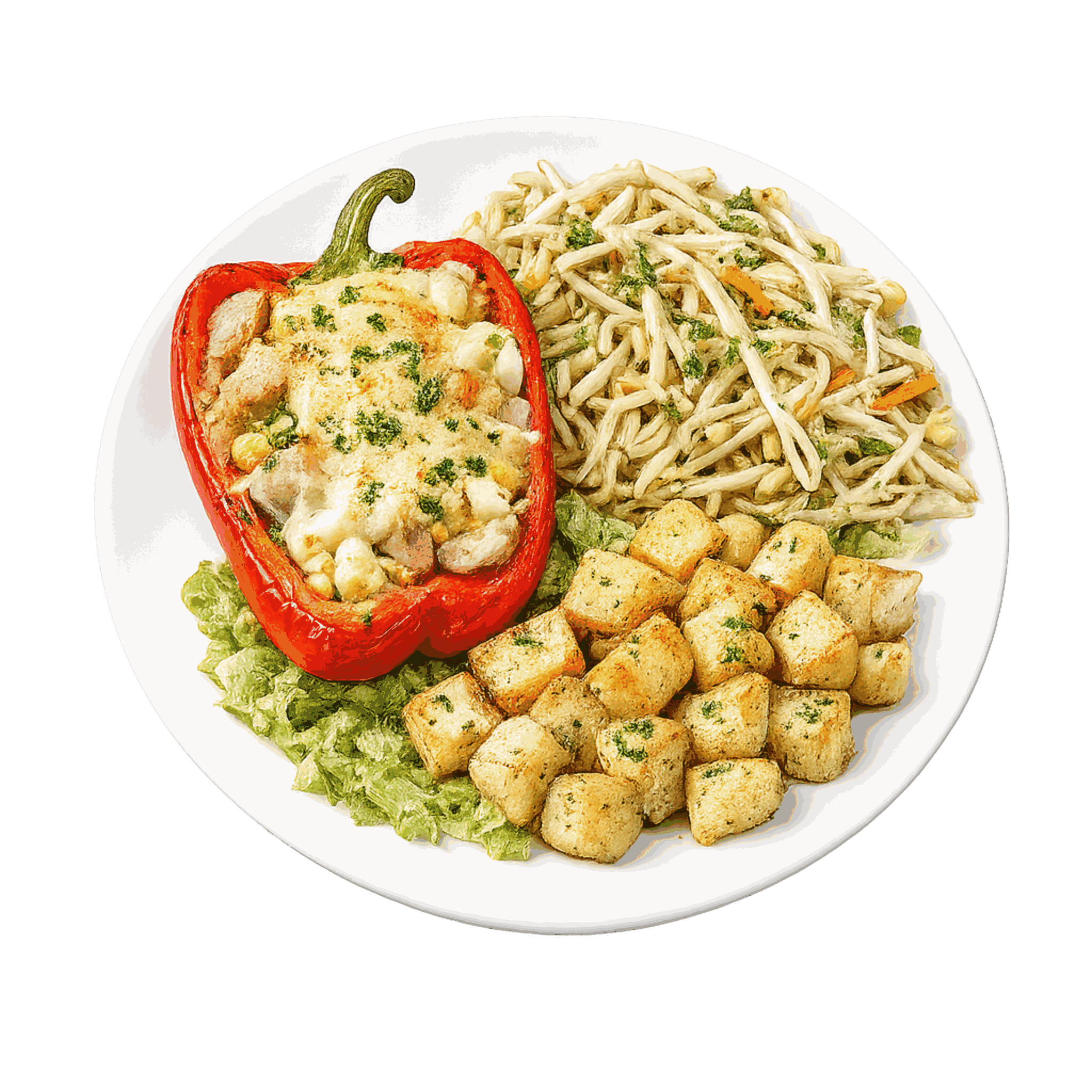 Pimiento relleno gratinado con yucas al ajo