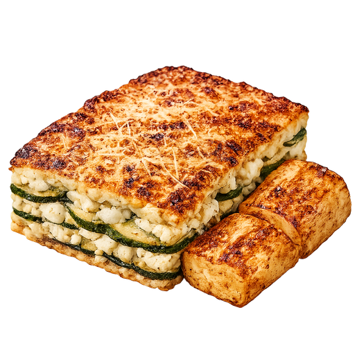 Musaka casera de zucchini con queso gratinado y yuca dorada