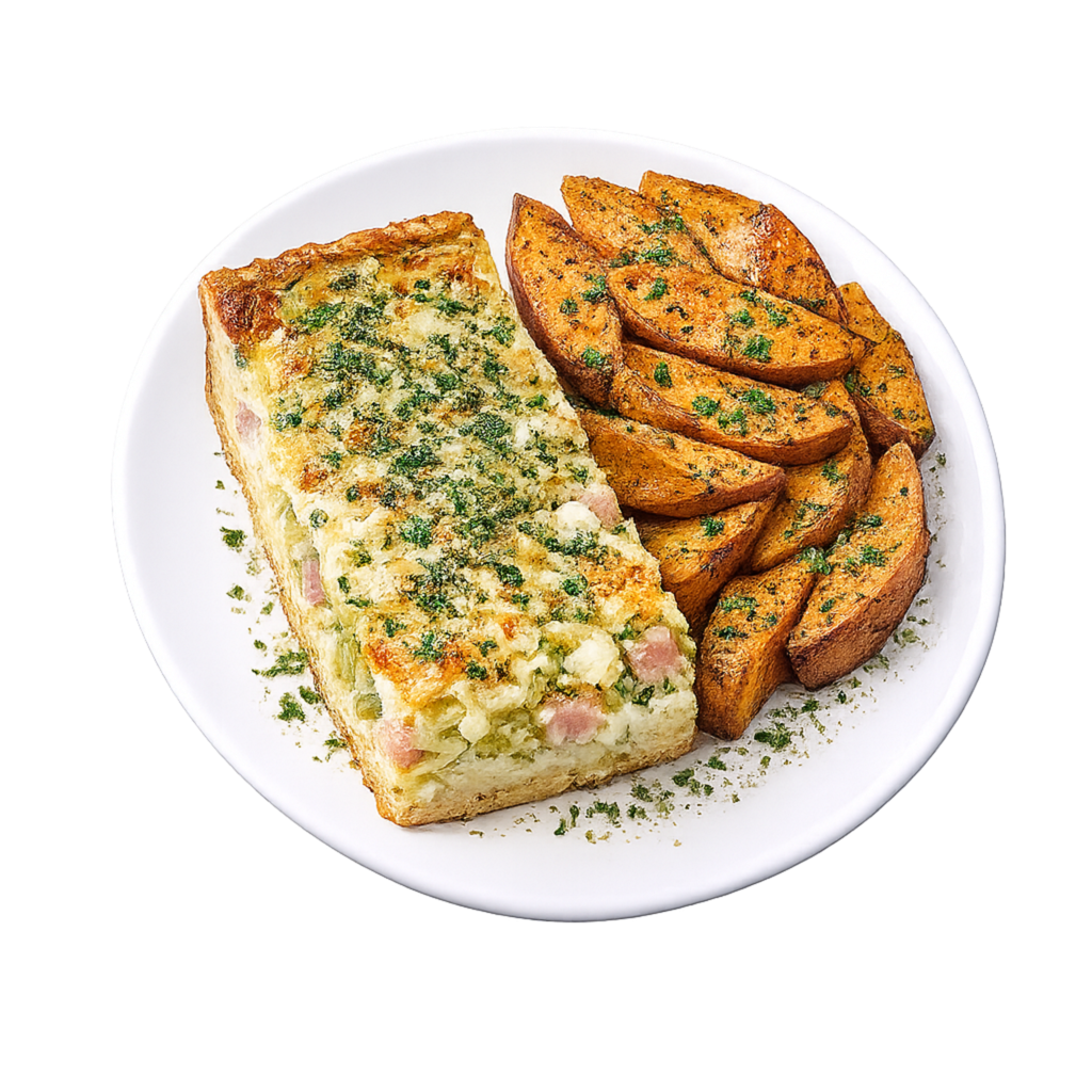 Pastel de poro con jamón y queso y camotes al horno